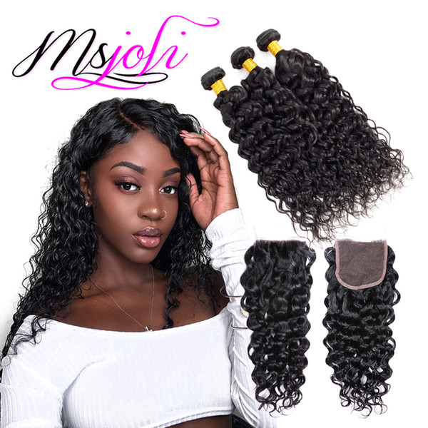 Brazilian Virgin Hair Water Wave Bundles With Closure 4 Pcs Lot Brazilian Hair Weave Wet And Wavy Human Hair 3 Bundles With Lace Closure