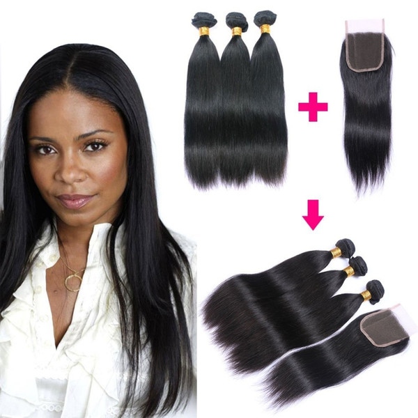 Brazilian Straight Virgin Remy Human Hair Bundles with Closure Raw Indian Peruvian Malaysian Mongolian Hair Extensions Cuticle Aligned Hair