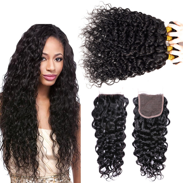 Brazilian Deep Wave Hair Weaves 4Bundles with Lace Closures Free Middle 3 Part Double Weft Human Hair Extensions 100g/pc No Shedding