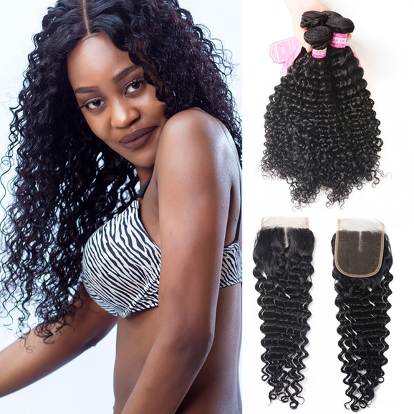 Deep Wave Bundles With Closure Brazilian Hair Weave Bundles With Closure Free Part Remy Human Hair 3 Bundles With Lace Closure