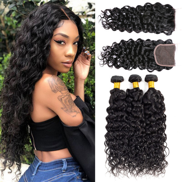 Msjoli Water Wave Hair Bundle With Lace Closure Unprocessed Peruvian Natural Black Human Hair Extension Weave With Closure For Women