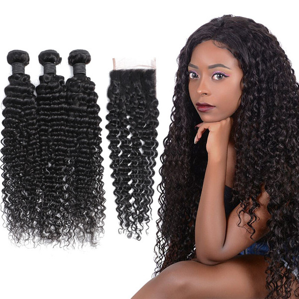 Msjoli Virgin Brazilian Hair Bundles with Closure Deep Wave Wavy Human Hair Extensions Dyeable Black Hair Weft with Closure