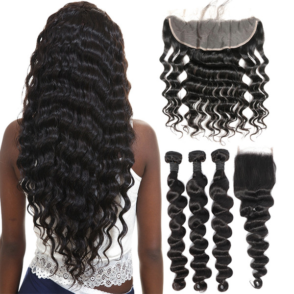 Msjoli Loose Deep Human Hair 3 Bundles With Frontal Closure Brazilian Hair Weave 13x4 Ear to Ear Lace Frontal Closure With Human Hair Bundle