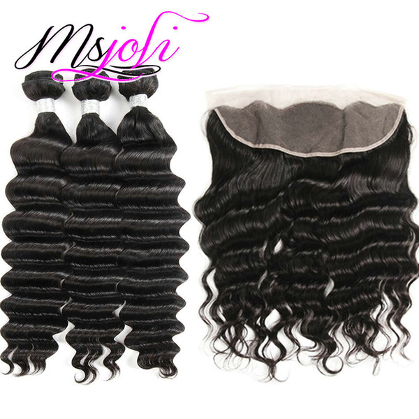 Msjoli Peruvian Malaysian Brazilian Virgin Hair Weaves 3 Bundles with Top Lace Closure LooseDeep Wave Curly Indian Cambodian Remy Human Hair