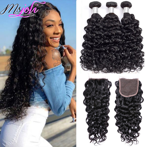 Msjoli HAIR-Brazilian Water Wave Bundles with Closure 3 Bundles 100g/pcs Human Hair with Closure 4