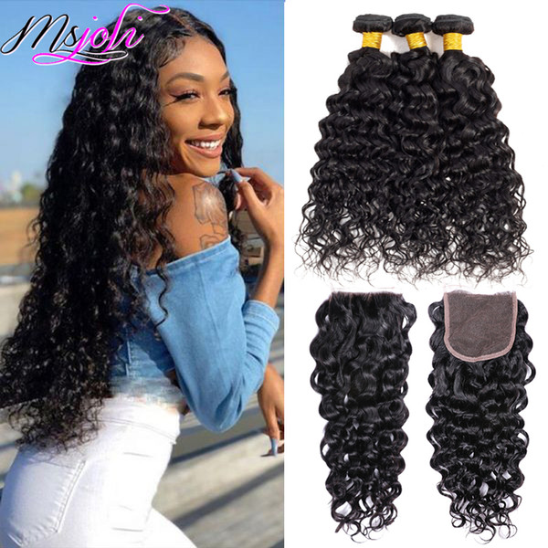 Msjoli Hair Brazilian Water Wave With Closure 4 Bundles 8A Virgin Human hair 8-28 Inch With 4*4 Lace Closure