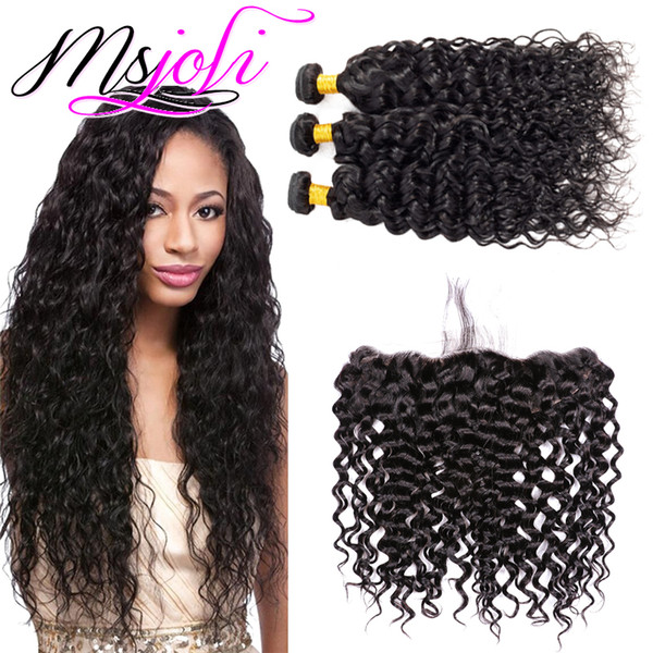 Msjoli hair Peruvian Water Wave 3 Bundles With Frontal Closure Remy Human Hair Weave Extension Pre Plucked Lace Frontal With Bundles