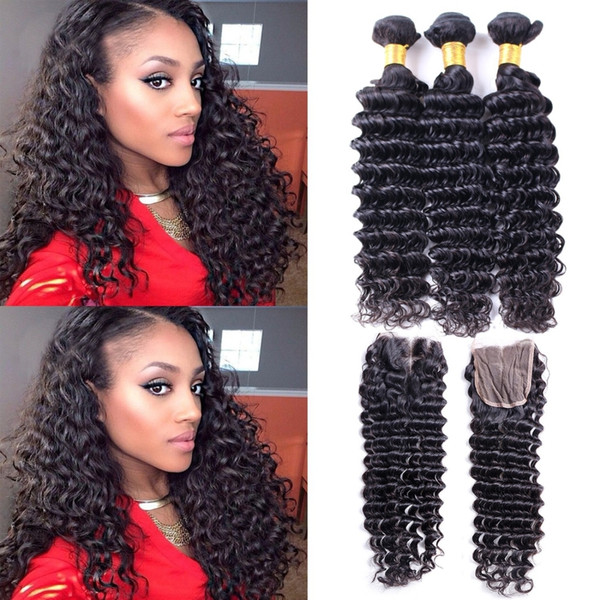 Brazilian hair human hair bundles with closure deep wave hair extension unprocessed natural color 4x4 lace closure with 3 bundles for Msjoli