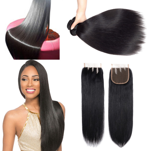 Raw Virgin Indian Straight Hair Bundles With Closure Human Hair Extensions Human Weave Bundles With Closure Top Bulk Wholesale