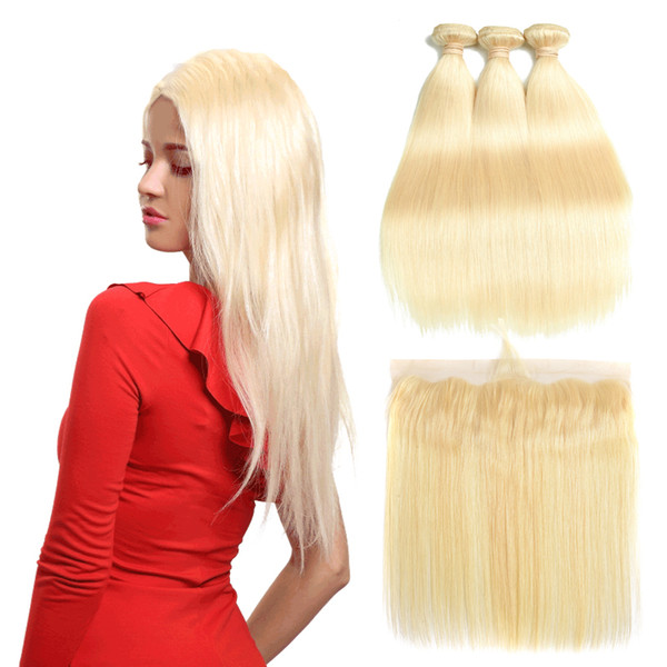 Brazilian Straight 613 Blonde Human Hair Weaves Unprocessed Brazilan Virgin Hair Bundles with Closure Straight Hair Extensions and Frontal