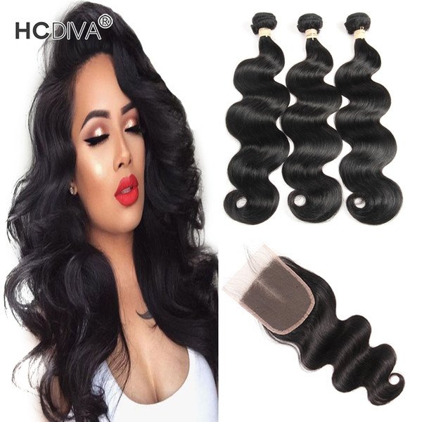 Hot Sale Brazilian Virgin Hair Body Wave With Closure Unprocessed Human Hair 3 Bundles With Closure Free Middle Three Part Natural Black