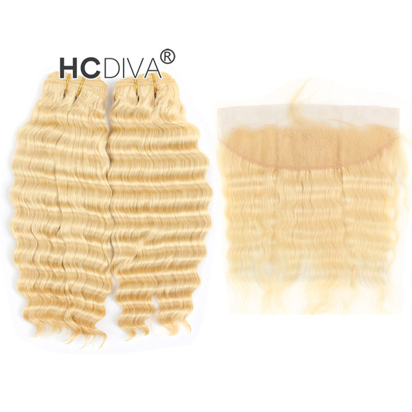 Brazilian Virgin Deep Wave 613 Blonde Bundle Hair with Lace Frontal 13*4 inch 2 Pcs Human Hair with Pre Plucked Closure Frontal