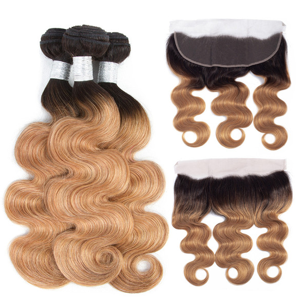 Ombre Color T1B/27 Body Wave Bundle with Lace Frontal Brazilian Peruvian Malaysian Virgin Ombre Blonde Human Hair 3 Bundle with Closure 13*4