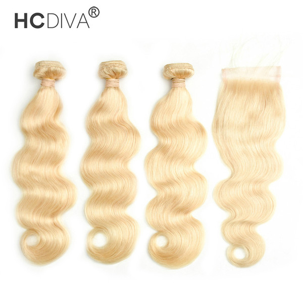 Human Hair Extensions Body Wave 613 Blonde Human Hair Bundles with Closure 3 Bundles With 4X4 Lace Closure For Hair Salon 10-30 inch