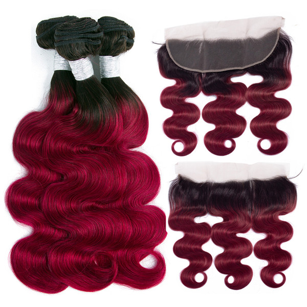 Ombre Body Wave Bundle with Lace Frontal T1B/Burgundy 8A Brazilian Peruvian Malaysian Virgin Human Hair 3 Bundle with Closure Ear to Ear