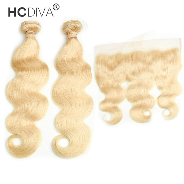 Peruvian Body Wave 613 Blonde Bundle Hair with Lace Frontal 13*4 inch 2 Pcs Human Hair with Pre Plucked Closure 130% Density