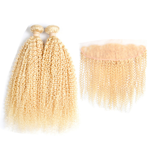 Braziliain Virgin Kiny Curly 613 Blonde Bundle Hair with Lace Frontal 13*4 inch 2 Pcs Human Hair with Pre Plucked Closure 130% Density