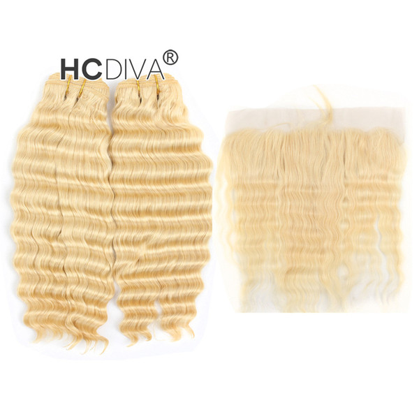 Peruvian Virgin Deep Wave 613 Blonde Bundle Hair with Lace Frontal 13*4 inch 2 Pcs Human Hair with Pre Plucked Closure Frontal