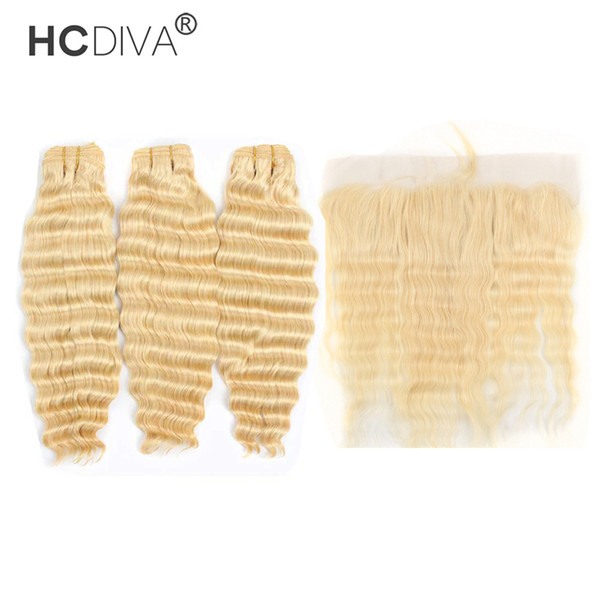 Peruvian Deep Wave 3 Bundles with Lace Frontal Color 613 Light Blonde Human Hair Bundle with Frontal Good Quality 9A