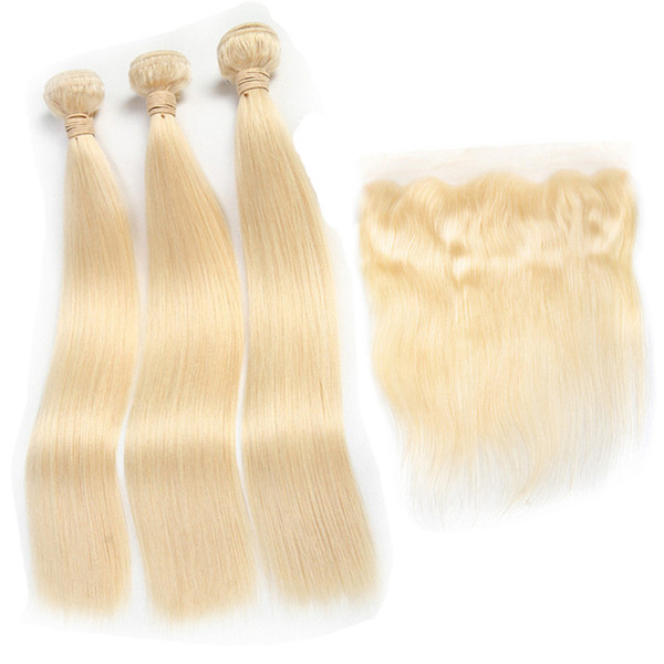 Brazilian 613 Blonde Straight 3 Bundle Hair with Lace Frontal Pre Plucked with Baby Hair 100% Real Human Hair Extensions