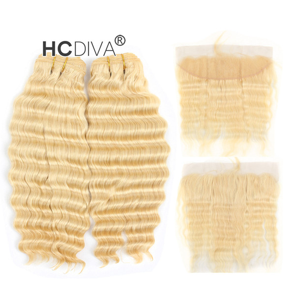 Malaysian Virgin Deep Wave 613 Blonde Bundle Hair with Lace Frontal 13*4 inch Deep Curl Honey Blonde Human Hair Extensions