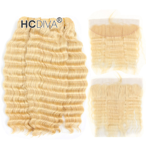 Top Quality 613 Blonde 3 Bundle Hair with Lace Frontal 13*4 inch Malaysian Virgin Deep Curl Honey Blonde Human Hair Extensions