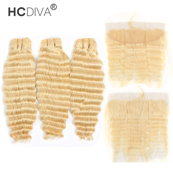 613 Blonde 3 Bundle Hair with Lace Frontal 13*4 inch Grade 9A Brazilian Virgin Deep Curl Honey Blonde Human Hair Extensions