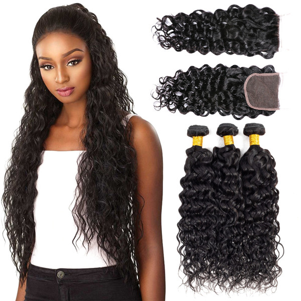 Peruvian Water Wave 3Bundles With Lace Closure 4X4 Middle Free Part 4pieces/lot Water Wave Human Hair Weaves With Closure