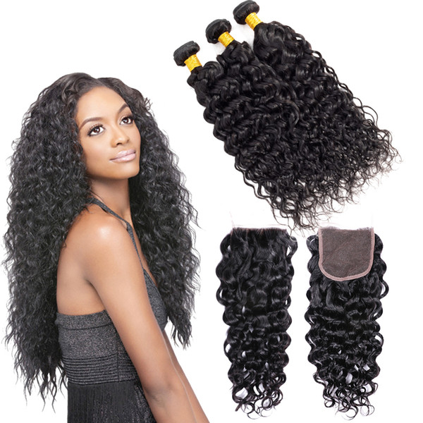 Malaysian Human Hair Water Wave 3 Bundles With 4X4 Lace Closure 25-50g/piece Lace Closure 8-22inch Middle Free Part Natural Color