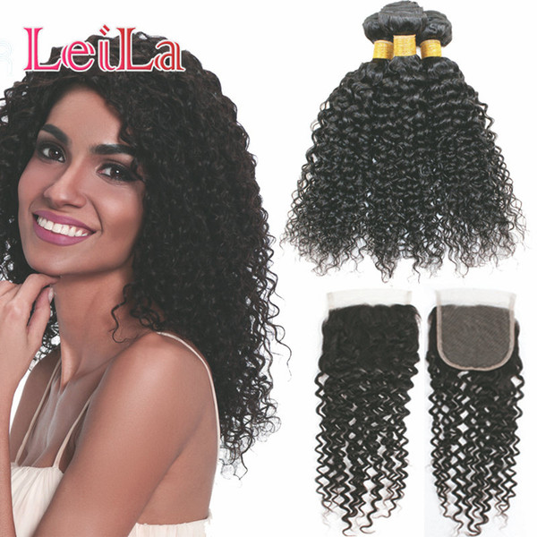 Leila Hiar Brazilian Curly Bundles With 4*4 Lace Closure Virgin Hair Bundles With Closure Natural Color Virgin Human Hair Weave