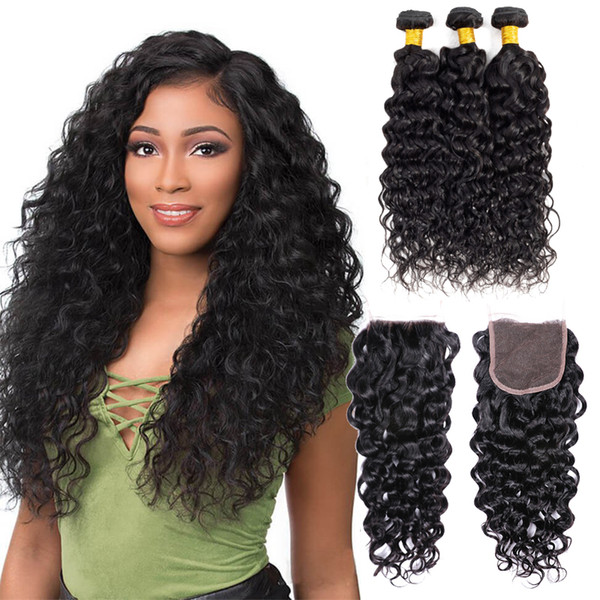 Mongolian Human Hair 3 Bundles With Lace Closure water Wave Curly Cheap Hair Extensions 95-100g/piece Natural Color