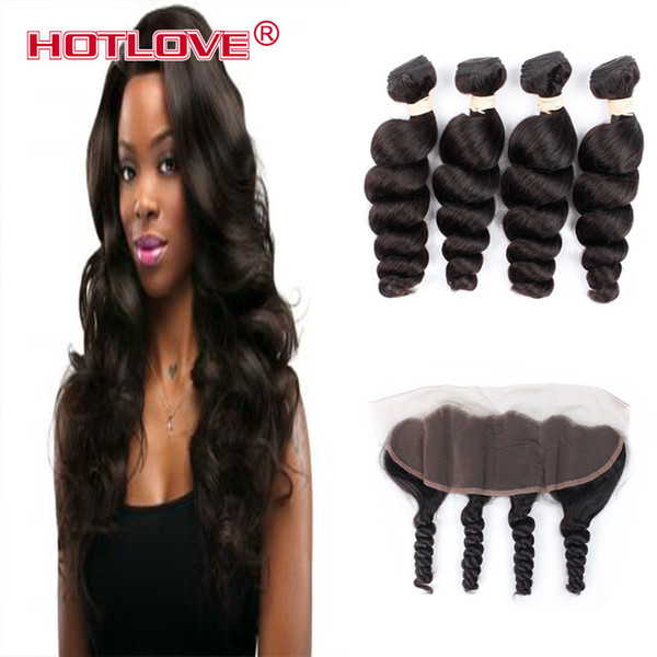 Ear to Ear Lace Frontal Closure With 4 Bundles Loose Wave Mongolian Virgin Human Hair Extensions HOTLOVE Grade 8A Good Quality Natural black