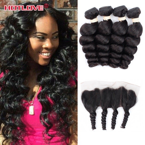 Loose Wave One Piece Free Part Lace Frontal Closure With 4 Bundles Brazilian Virgin Hair Weaving Total 5pcs Lot 