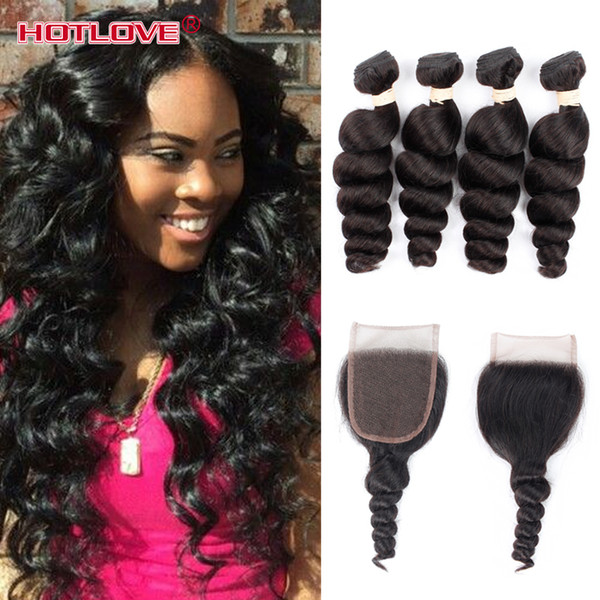 Hotlove Brazilian Loose Wave With Closure 4 Bundles Brazillian Virgin Hair With Lace Closure Full Loose Wave Human Hair With Closure