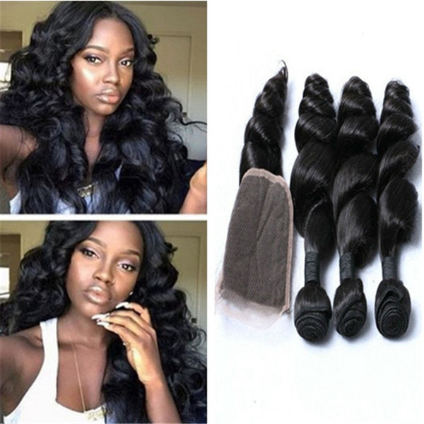 3 Bundles With Closure Brazilian Loose Wave Human Hair Extensions Weave With Closure No Shedding No Tangle