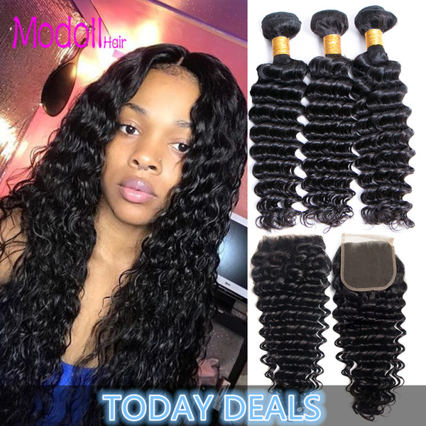 Indian Deep Wave Hair 4 Bundles With 4x4 Lace Closure Raw Indian Remy Human Hair Bundles With Closure Free/Middle/Three Part Closures