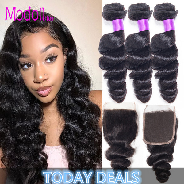 Loose Wave Human Hair Bundles With Closure 3 Bundles Cheap Brazilian Virgin Hair Weave Loose Wave Human Hair Bundles With Closure 4 pcs