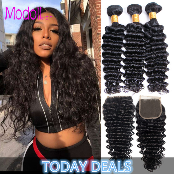 Malasian Deep Wave Virgin Hair Bundles With Closure Remy Human Hair 3/4 Bundles With Lace Closure Malasian Unprocessed Hair Weave Bundles