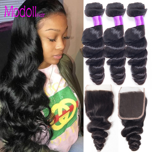 Loose Wave Human Hair Bundles With Closure Extensions Raw Virgin Indian Remy Hair Weave 3 Bundles With 4*4 Lace Closure