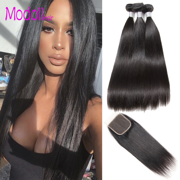 Straight Human Hair Bundles With Closure Malaysian Unprocessed Virgin Hair 3/4 Bundles With Closures 10A Grade Straight Human Hair Weave