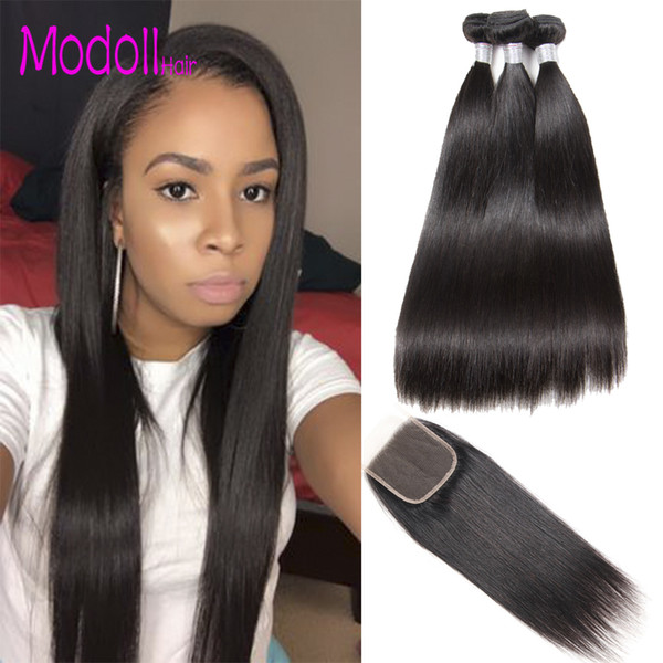 Straight Human Hair Bundles With Closure Brazilian Unprocessed Virgin Hair 3/4 Bundles With Closures 10A Grade Straight Human Hair Weave