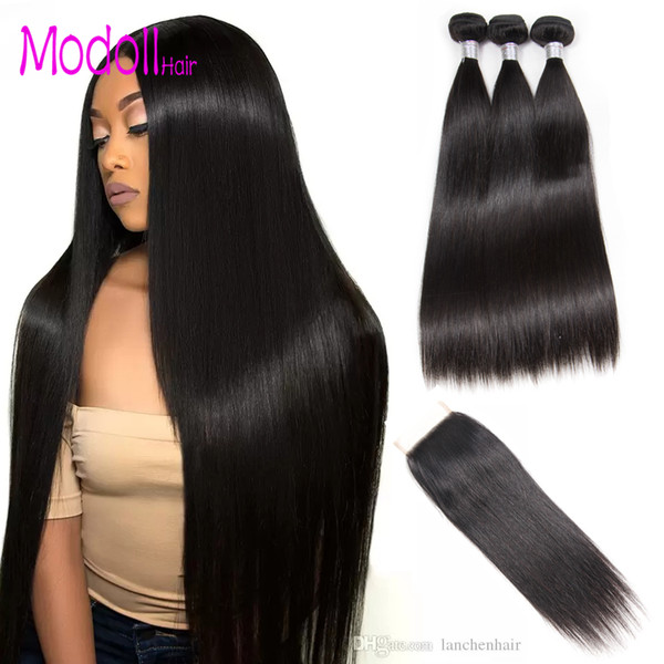 Straight Bundles With Closure Brazilian Virgin Hair Weave 3/4 Bundles With Closure Human Hair Bundles With Closure Hair Extension