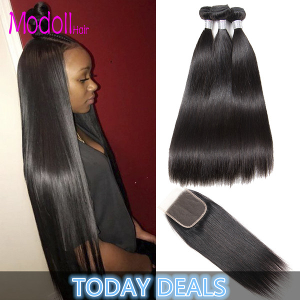 Straight Icenu Remy Hair Bundles Series Lace Closure 4 PCS Peruvian Straight Hair 3/4 Bundles With Closure Swiss Lace Human Hair Weave