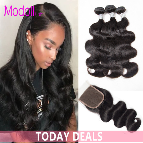 Body Wave Human Hair Weave 3/4 Bundles Malaysian Body Wave Bundles With 4*4 Lace Closure 100% Remy Hair Extensions 