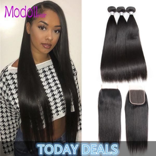 Straight Human Hair Extension 100% Human Hair Bundles With Closure Brazilian Hair Weave 3/4 Bundles Straight Bundles With Lace Closure