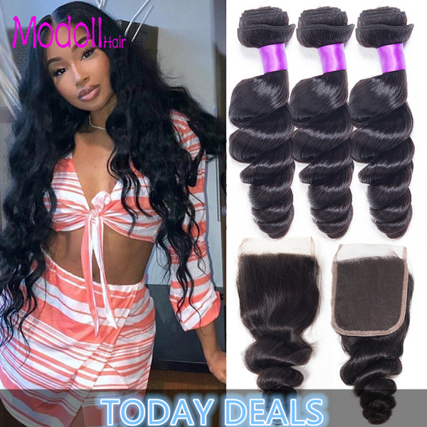 Brazilian Virgin Hair Loose Weave Bundles With Closure Free Part Brazilian Loose Wave 3 Bundles With Closure Remy Human Hair