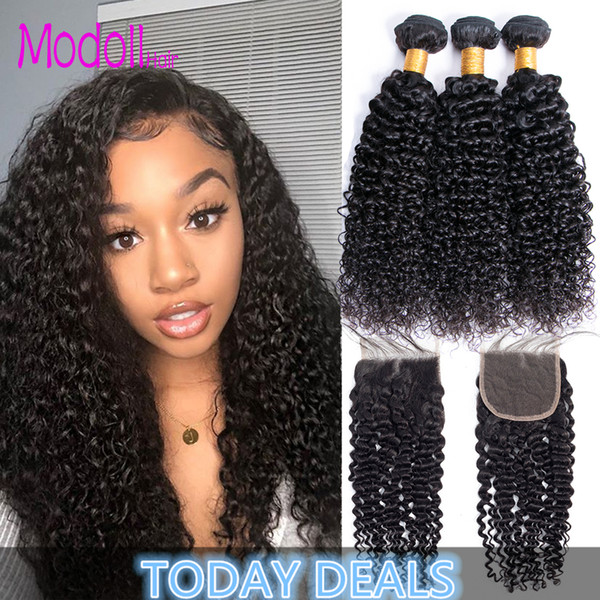 Indian Curly Human Hair Bundles With Closure 3/4 Bundles Indian Virgin Hair With Closure Jerry Remy Human Hair Weave Bundles With Closure