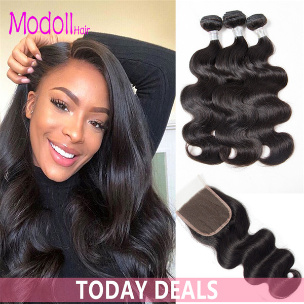 Indian Human Hair Weave Body Wave 3/4 Bundles With Closure Natural Color Raw Indian Remy Virgin Hair Bundles With Lace Closure