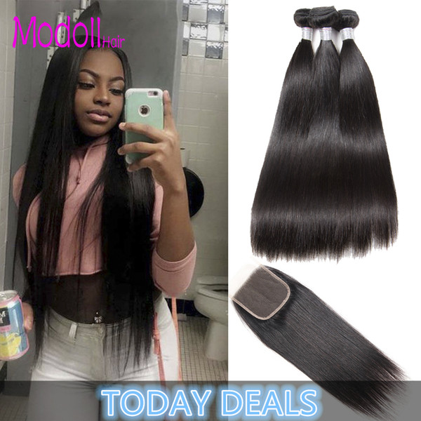 Brazilian Straight 100% Human Hair Bundles With Closure 8A Brazilian Straight Hair Weave 3/4 Bundles Natural Black Remy Hair Extensions