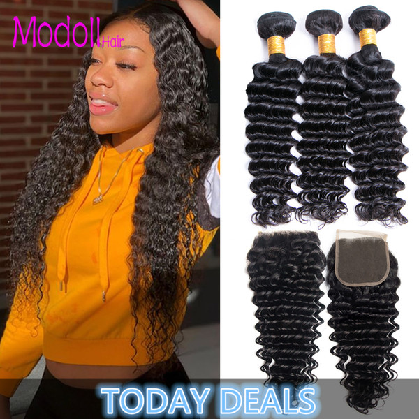 Brazilian Deep Wave Virgin Hair Bundles With Closure Human Hair 3 Bundles With Closure Deep Curly Brazilian Unprocessed Hair Weave Bundles